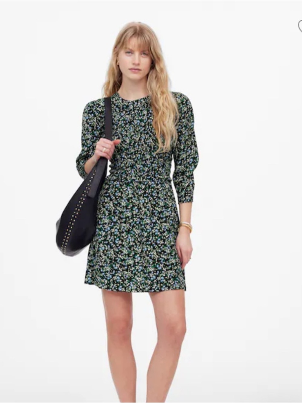 Madewell Black Floral Long-Sleeve Smocked Dress with Blue and Green Accents